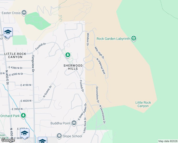 map of restaurants, bars, coffee shops, grocery stores, and more near 4282 Churchill Drive in Provo