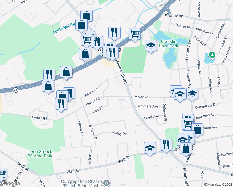 map of restaurants, bars, coffee shops, grocery stores, and more near 223 Monmouth Road in West Long Branch
