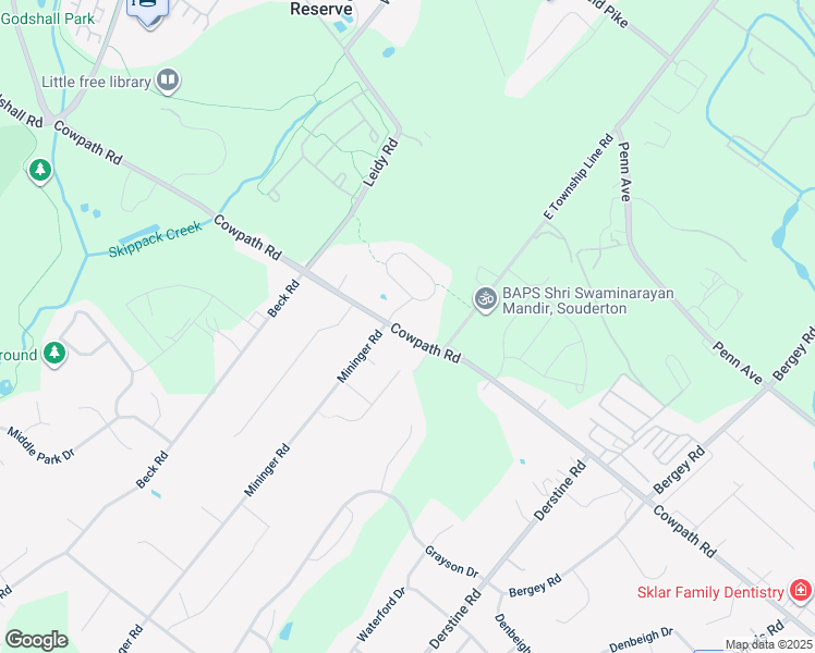 map of restaurants, bars, coffee shops, grocery stores, and more near 19 Cowpath Road in Souderton