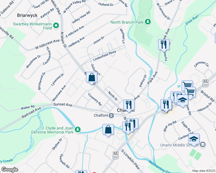 map of restaurants, bars, coffee shops, grocery stores, and more near 23 Church Street in Chalfont