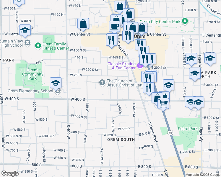 map of restaurants, bars, coffee shops, grocery stores, and more near 316 South 150 West in Orem