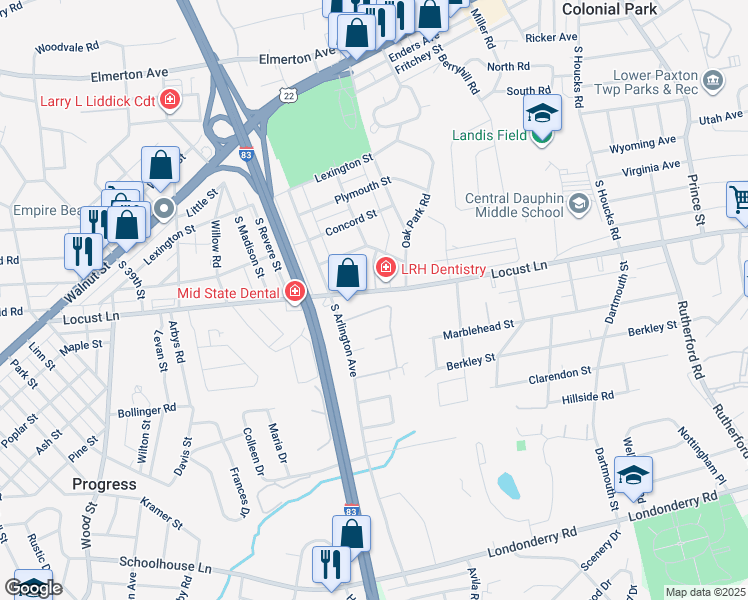 map of restaurants, bars, coffee shops, grocery stores, and more near 249 Locust Grove Court in Harrisburg
