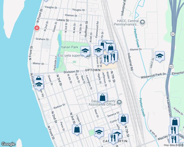 map of restaurants, bars, coffee shops, grocery stores, and more near 2727 North 6th Street in Harrisburg