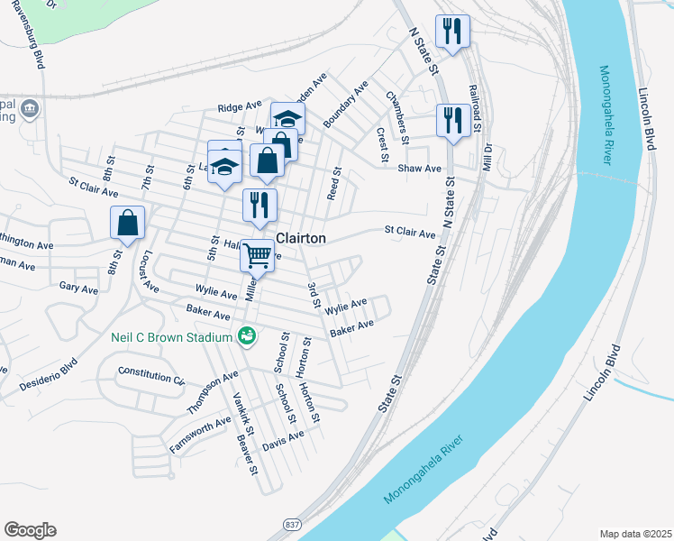 map of restaurants, bars, coffee shops, grocery stores, and more near 199 Halcomb Avenue in Clairton