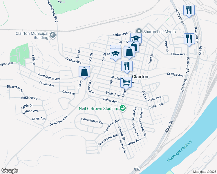 map of restaurants, bars, coffee shops, grocery stores, and more near 520 Mitchell Avenue in Clairton