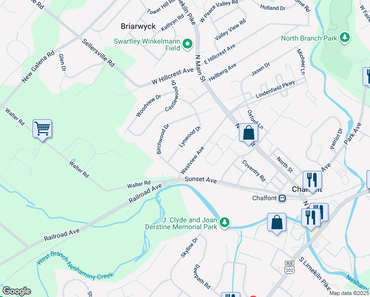 map of restaurants, bars, coffee shops, grocery stores, and more near 67 Lynwood Drive in Chalfont