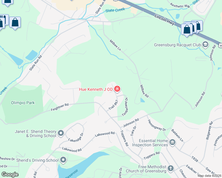 map of restaurants, bars, coffee shops, grocery stores, and more near 317 Tamarak Trail in Greensburg