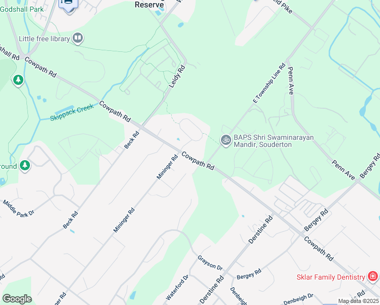 map of restaurants, bars, coffee shops, grocery stores, and more near 19 Cowpath Road in Souderton