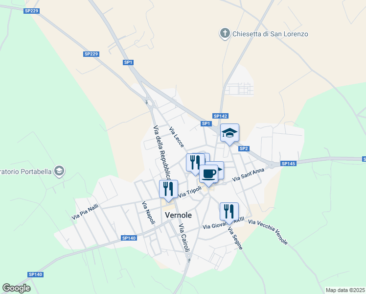 map of restaurants, bars, coffee shops, grocery stores, and more near 96 Via Lecce in Vernole