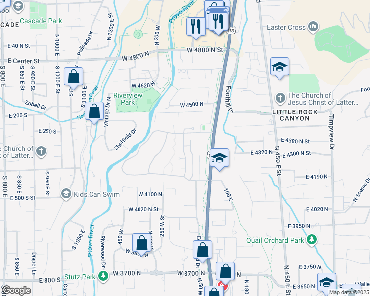 map of restaurants, bars, coffee shops, grocery stores, and more near 4366 Stone Crossing in Provo