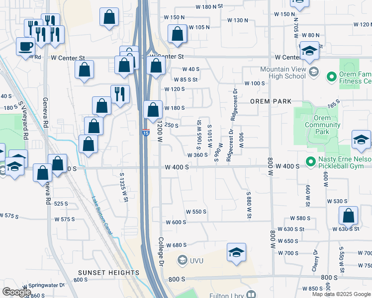 map of restaurants, bars, coffee shops, grocery stores, and more near 1094 West 320 South in Orem