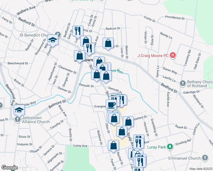 map of restaurants, bars, coffee shops, grocery stores, and more near 651 Lamberd Avenue in Johnstown
