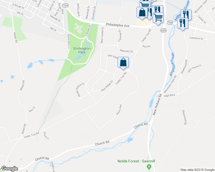 map of restaurants, bars, coffee shops, grocery stores, and more near 28 Flint Ridge Drive in Reading
