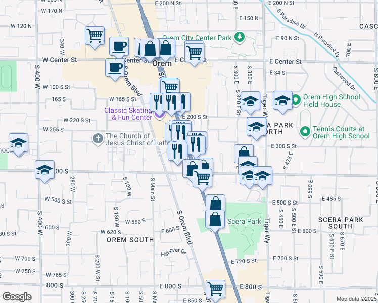 map of restaurants, bars, coffee shops, grocery stores, and more near 320 State Street in Orem