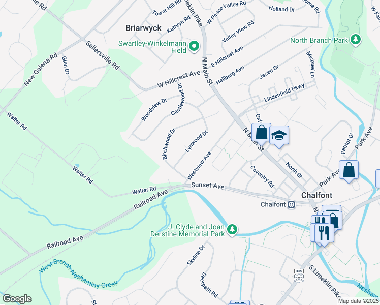 map of restaurants, bars, coffee shops, grocery stores, and more near 67 Lynwood Drive in Chalfont