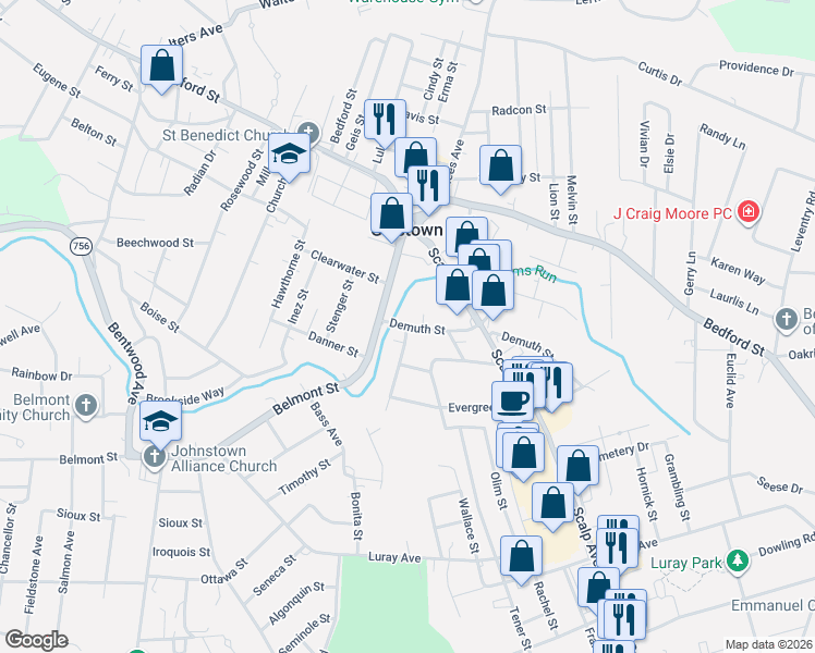 map of restaurants, bars, coffee shops, grocery stores, and more near 601 Demuth Street in Johnstown