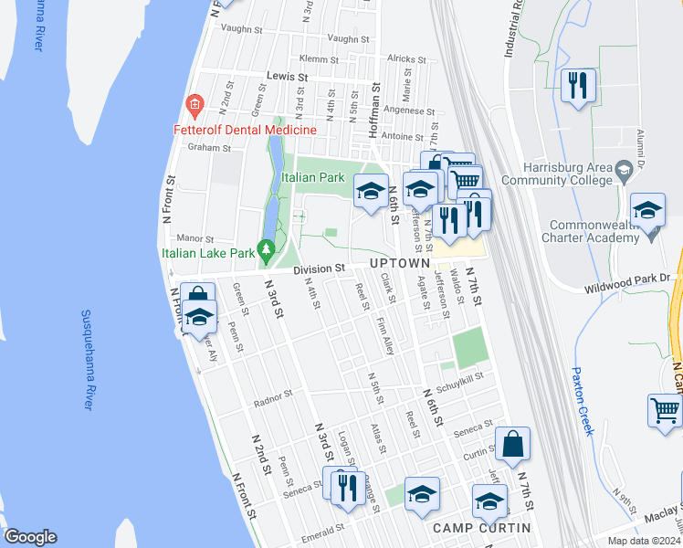 map of restaurants, bars, coffee shops, grocery stores, and more near 505 Division Street in Harrisburg