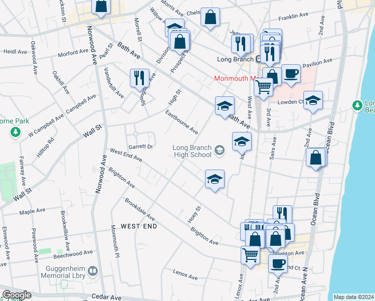 map of restaurants, bars, coffee shops, grocery stores, and more near 426 Westwood Avenue in Long Branch