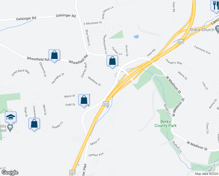 map of restaurants, bars, coffee shops, grocery stores, and more near 1073 Old Lancaster Pike in Sinking Spring