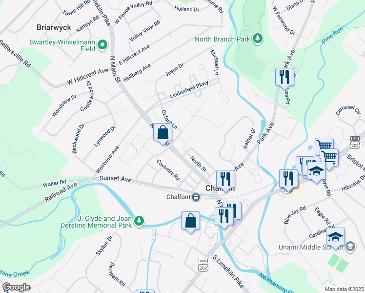 map of restaurants, bars, coffee shops, grocery stores, and more near 253 North Main Street in Chalfont