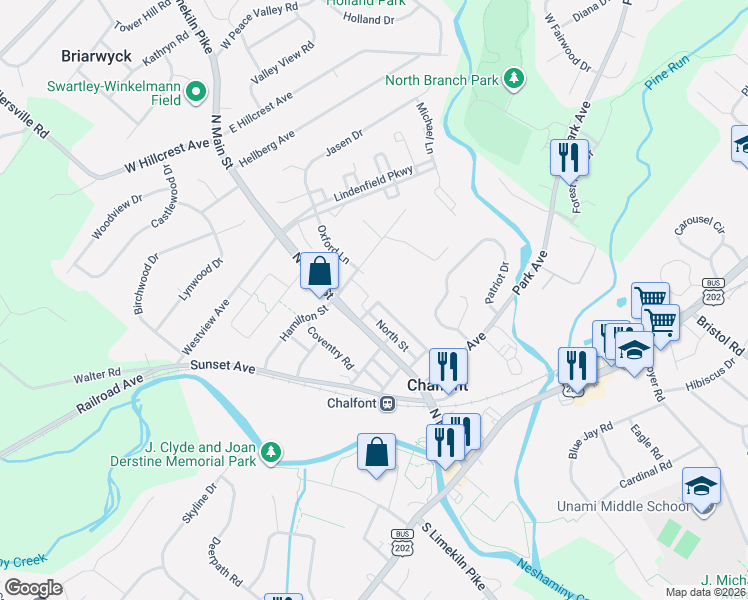 map of restaurants, bars, coffee shops, grocery stores, and more near 32 Hamilton Street in Chalfont