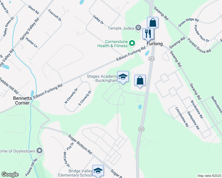 map of restaurants, bars, coffee shops, grocery stores, and more near 3257 Brookside Drive in Furlong