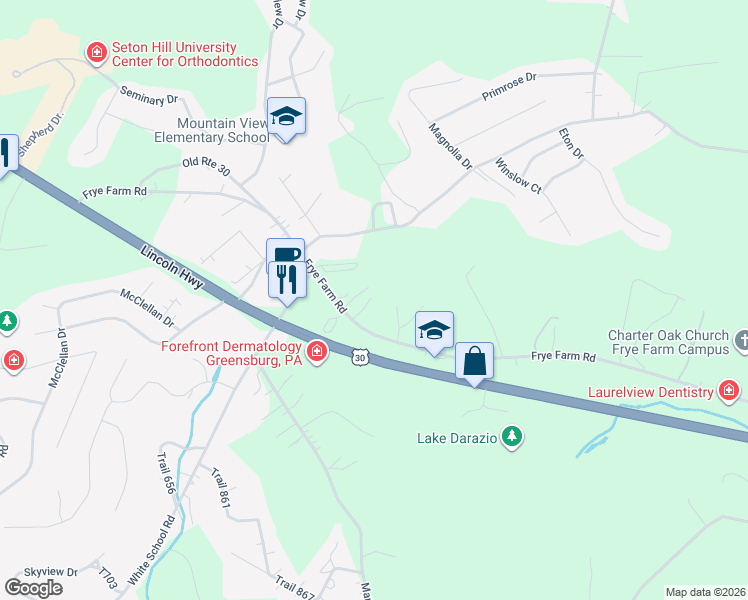 map of restaurants, bars, coffee shops, grocery stores, and more near 253 Frye Farm Road in Greensburg