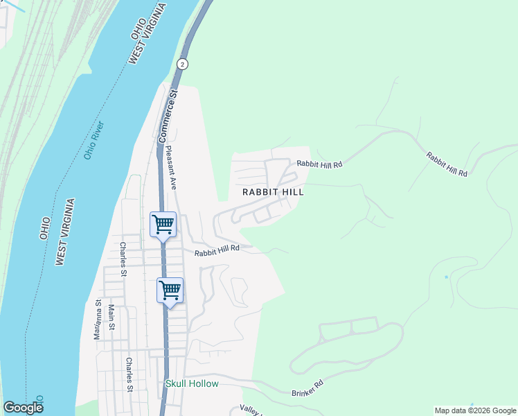 map of restaurants, bars, coffee shops, grocery stores, and more near 567 Rabbit Hill Road in Wellsburg