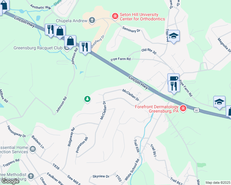 map of restaurants, bars, coffee shops, grocery stores, and more near 3023 Trail 916 in Greensburg