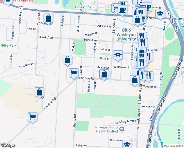 map of restaurants, bars, coffee shops, grocery stores, and more near 74 Noble Street in Delaware