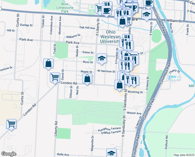 map of restaurants, bars, coffee shops, grocery stores, and more near 247 South Liberty Street in Delaware