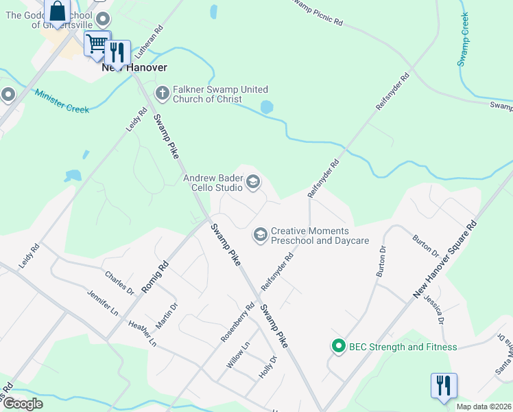 map of restaurants, bars, coffee shops, grocery stores, and more near 2680 Romig Road in Gilbertsville