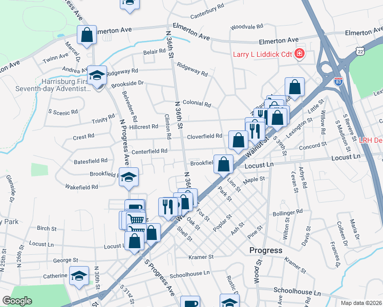 map of restaurants, bars, coffee shops, grocery stores, and more near 3605 Centerfield Rd in Harrisburg