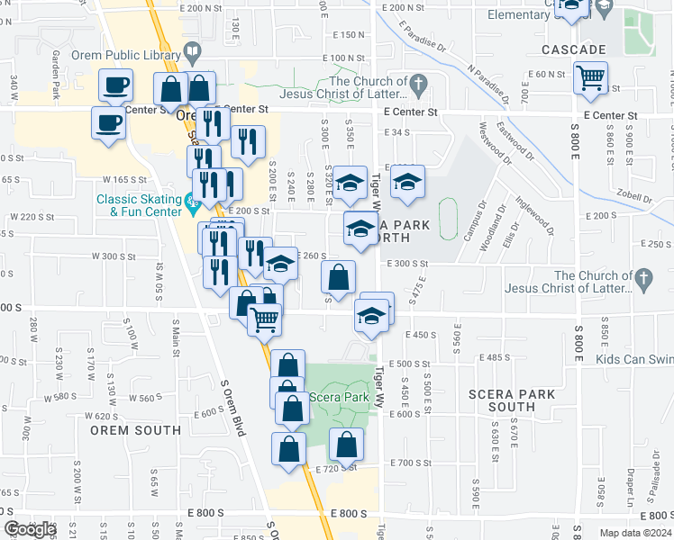 map of restaurants, bars, coffee shops, grocery stores, and more near 289 South 300 East in Orem