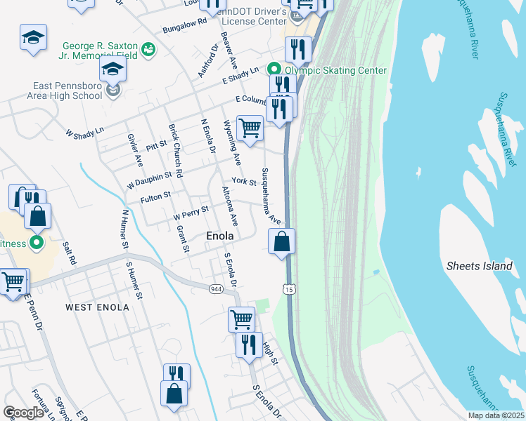 map of restaurants, bars, coffee shops, grocery stores, and more near 33 Susquehanna Avenue in Enola