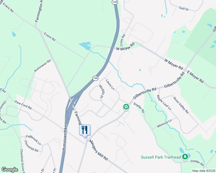 map of restaurants, bars, coffee shops, grocery stores, and more near 1923 Laura Lane in Pottstown