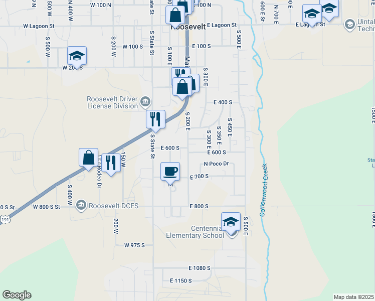 map of restaurants, bars, coffee shops, grocery stores, and more near 610 620 S 200 East in Roosevelt