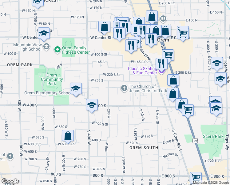 map of restaurants, bars, coffee shops, grocery stores, and more near 319 280 West in Orem