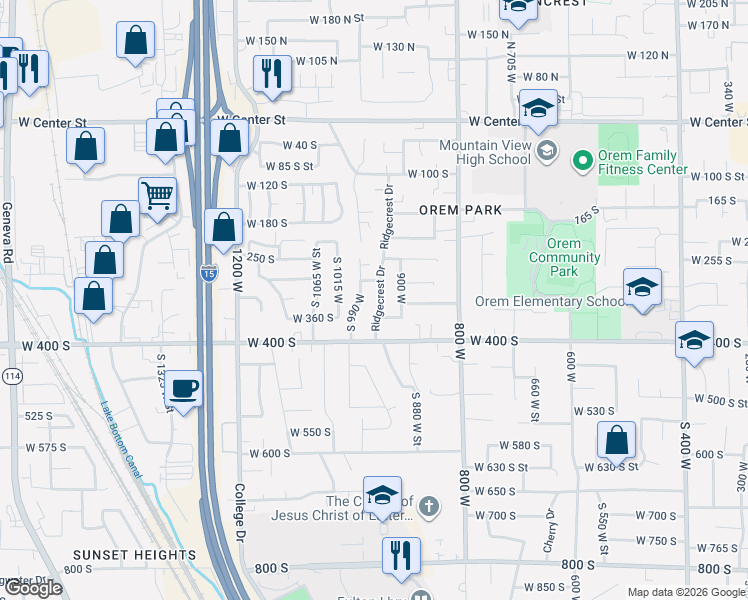 map of restaurants, bars, coffee shops, grocery stores, and more near 312 Ridgecrest Drive in Orem