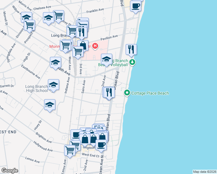 map of restaurants, bars, coffee shops, grocery stores, and more near 10 Tower Road in Long Branch