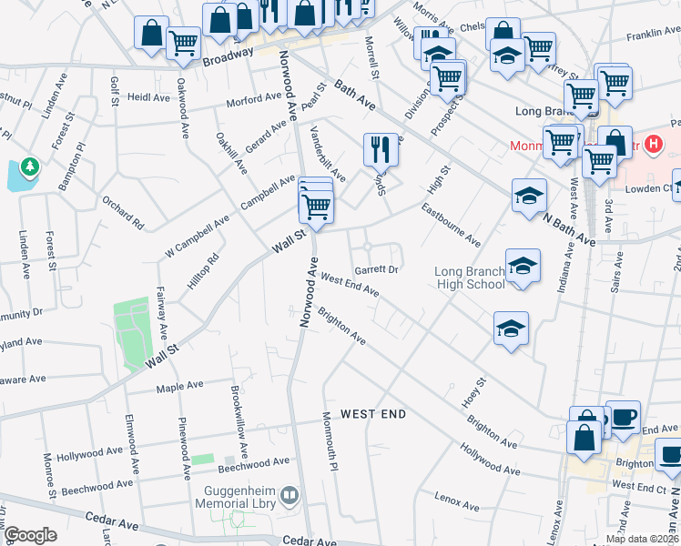 map of restaurants, bars, coffee shops, grocery stores, and more near 161 Wardell Place in Long Branch