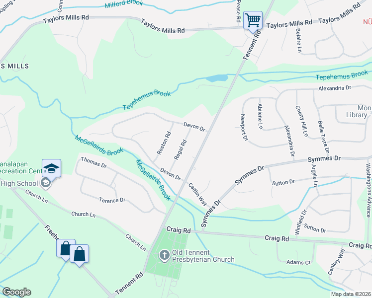 map of restaurants, bars, coffee shops, grocery stores, and more near 503 Tennent Road in Manalapan Township