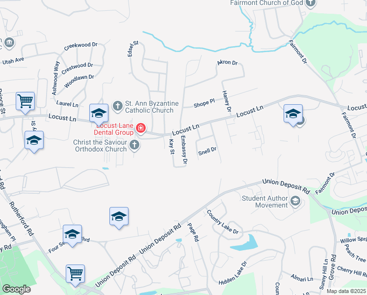 map of restaurants, bars, coffee shops, grocery stores, and more near 1507 Embassy Drive in Harrisburg