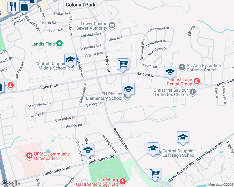 map of restaurants, bars, coffee shops, grocery stores, and more near 11 Chelsea Lane in Harrisburg