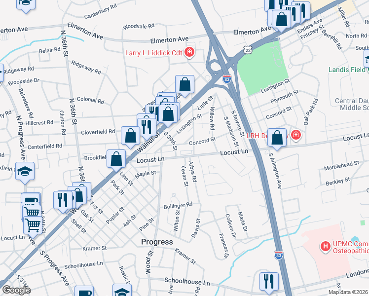 map of restaurants, bars, coffee shops, grocery stores, and more near 3943 Concord Street in Harrisburg