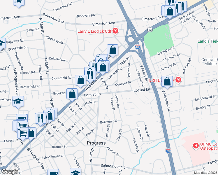 map of restaurants, bars, coffee shops, grocery stores, and more near 54 South 39th Street in Harrisburg