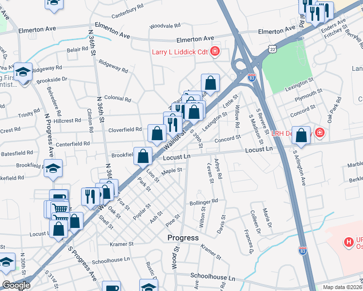 map of restaurants, bars, coffee shops, grocery stores, and more near 3828 Lexington Street in Harrisburg