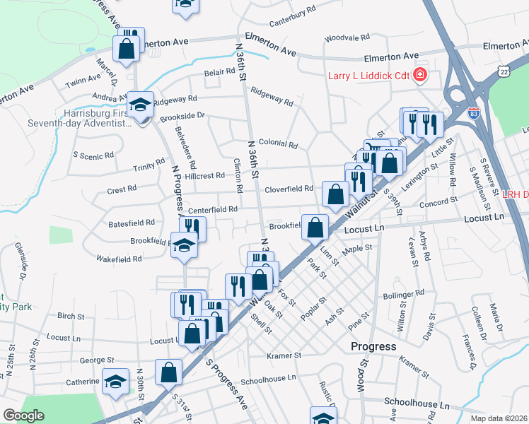 map of restaurants, bars, coffee shops, grocery stores, and more near 3605 Centerfield Road in Harrisburg