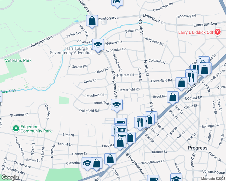 map of restaurants, bars, coffee shops, grocery stores, and more near 318 North Progress Avenue in Harrisburg