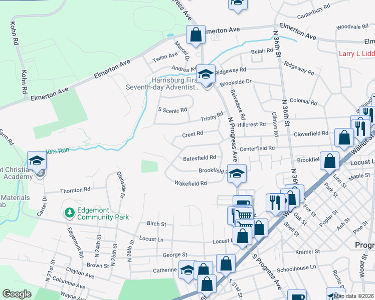 map of restaurants, bars, coffee shops, grocery stores, and more near 3207 Cloverfield Road in Harrisburg